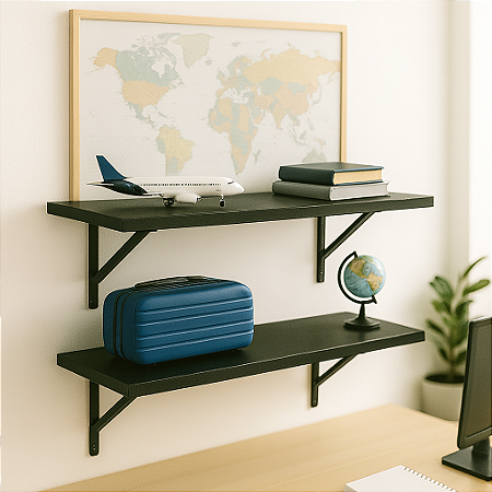 Kit 2 Prateleiras Preto Mdf 60x40 Mão Francesa - Decoração