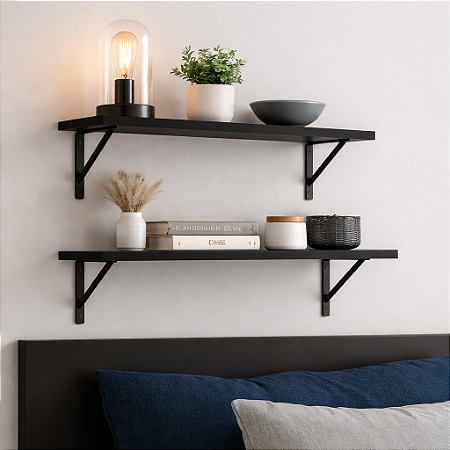 Kit 2 Prateleiras Preta Mdf 40x25 Mão Francesa - Decoração