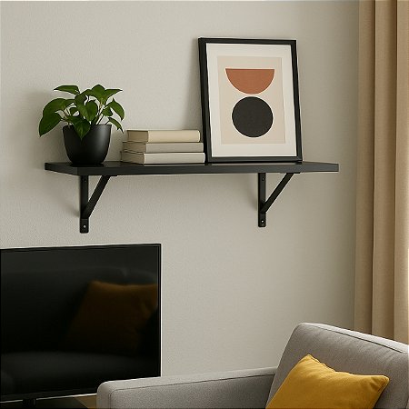 1 Prateleira Preta Mdf 100x35 Mão Francesa - Decoração