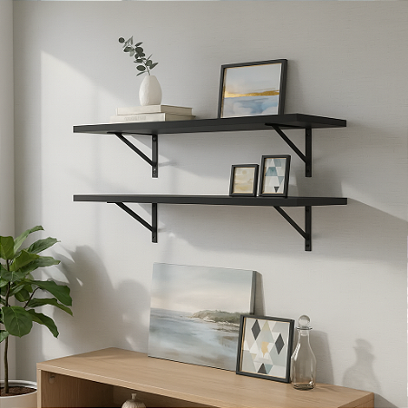2 Prateleiras Preta Mdf 100x35 Mão Francesa - Decoração