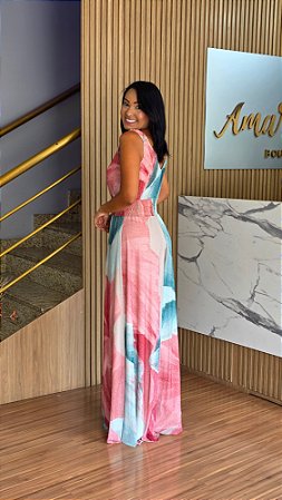 Macacão Tule Estampado Feminino Longo