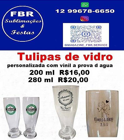 TULIPAS DE VIDRO PERSONALIZADA COM VINIL A PROVA DÁGUA