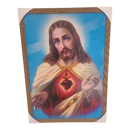 Quadro Decorativo 50x70Cm Sagrado Coração de Jesus Azul