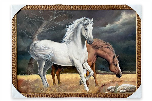 Quadro Decorativo Cavalos Haras 50x70cm Branco Castanho