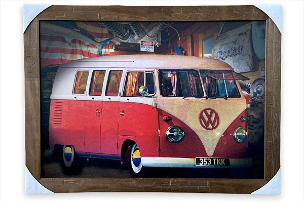 Quadro Decorativo Retrô Carro Kombi Vermelho 50x70cm Moldura