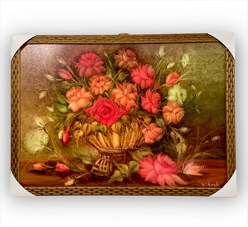 Quadro Decorativo Flores Rosas no Vaso Cesto Dourado 50x70cm