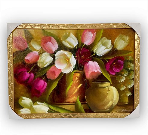 Quadro Decorativo Flores Tulipas Coloridas no Vaso 50x70Cm