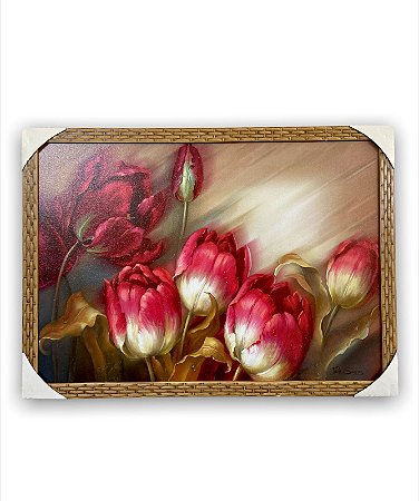Quadro Decorativo Tema Flores Tulipas Rosa Moldurado 50x70cm