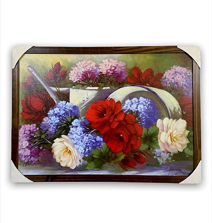 Quadro Decorativo Flores Vermelhas Brancas e Azuis 50x70cm