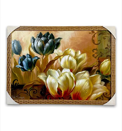 Quadro Decorativo Tema Flores Azul e Branca Moldurado 50x70
