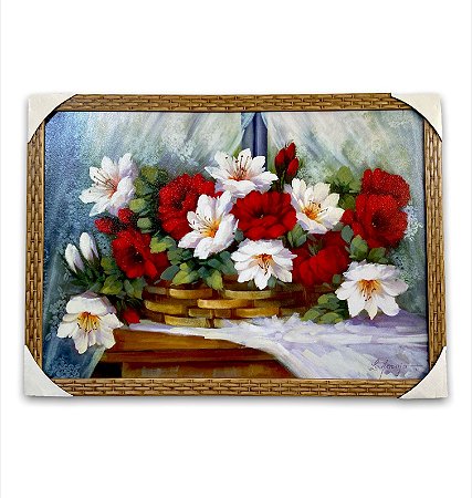 Quadro Decorativo Flores Brancas e Vermelhas No Cesto 50x70