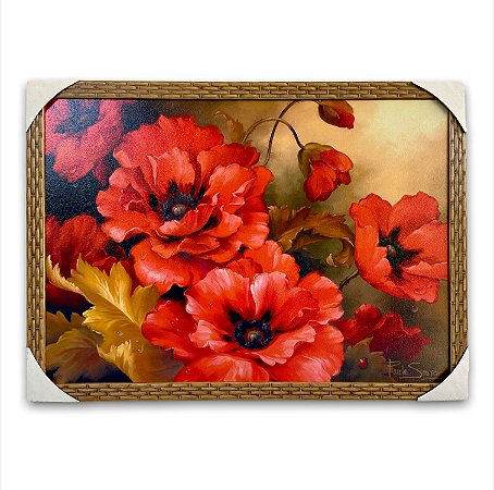 Quadro Decorativo Tema Flores Laranjas Moldurado 50x70cm