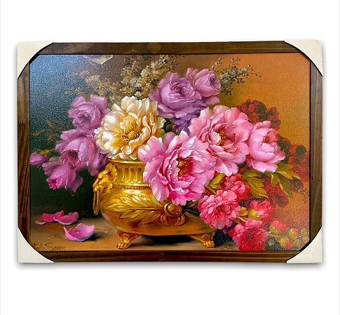Quadro Decorativo Flores No Vaso de Ouro Moldurado 50x70cm
