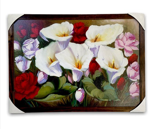 Quadro Decorativo Flor Rosas e Copo de Leite Moldurado 50x70