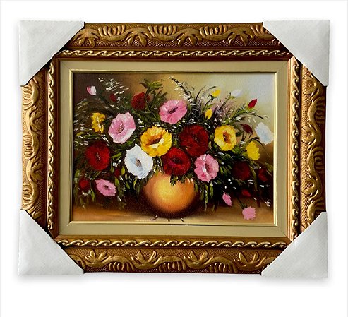 Quadro Decorativo Tema Flores Rosas e Amarelas Moldura 30x40