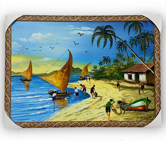 Quadro Decorativo Barco de Pesca Praia Mar Pescador 50x70