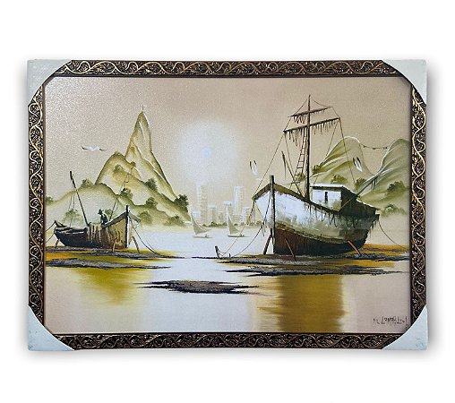 Quadro Decorativo Barcos de Pesca Paisagem 50x70 Moldurado