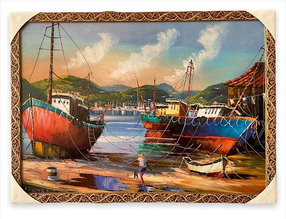 Quadro Decorativo Barcos de Pesca Praia Mar Pescador 50x70cm