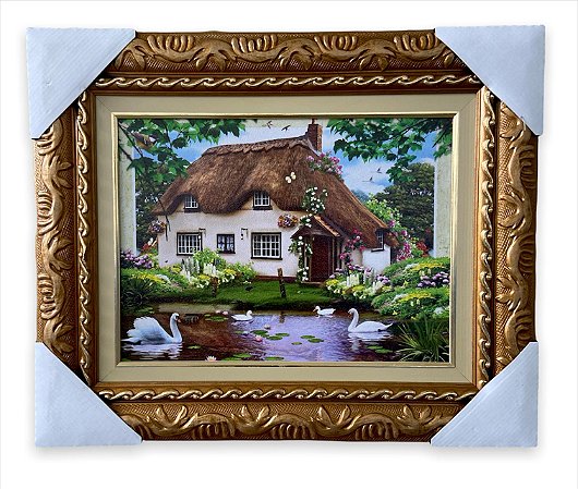 Quadro Decorativo Imagem Casa Com Lago Cisne Paisagem  30x40