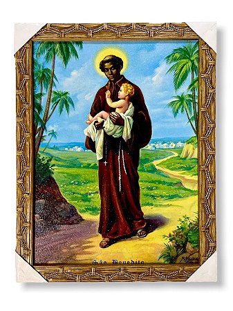 Quadro São Benedito Padroeiro Resinado Com Moldura 30x40cm