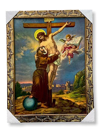 Quadro São Francisco Aos Pes Da Cruz Abracando Jesus 30x40cm