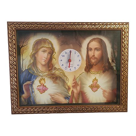 Quadro Relógio Sagrado Coração De Jesus E Maria 35x45CM
