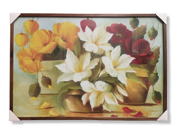 Quadro Decorativo Três Vasos com Flor  65x95 Caixa Alta Com Vidro