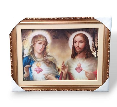 Quadro Sagrado Coracao De Jesus e Maria Decorativo 35x45 Luxo c/Vidro