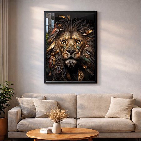 Quadro Decorativo Leão Artístico com Folhas Douradas – Arte Moderna e Sofisticada