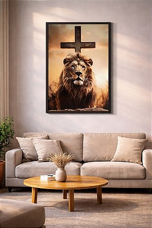 Quadro Decorativo Leão e Cruz – Arte Espiritual de Força e Fé para Decoração