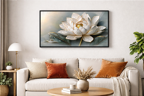 Quadro Flor de Lótus Branca com Detalhes Dourados – Arte Decorativa Elegante