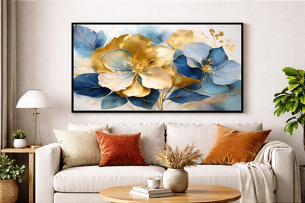 Quadro Flores Azuis e Douradas – Arte Floral Moderna Decorativa