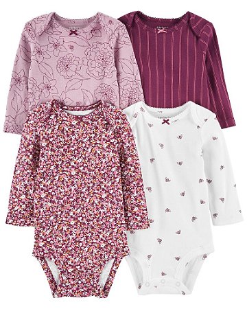 Kit Body Manga Longa Roxo Flores e Abelha