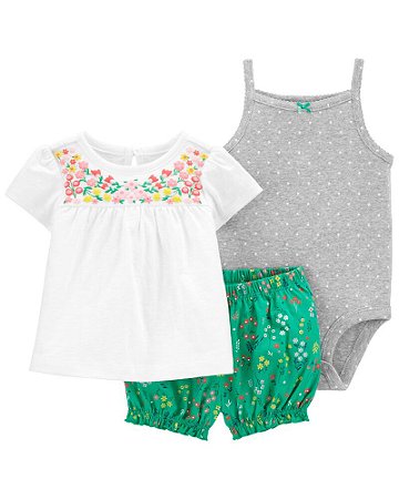 Conjunto 3 peças Batinha Branca com Flores, Body de Poá e Shorts Verde