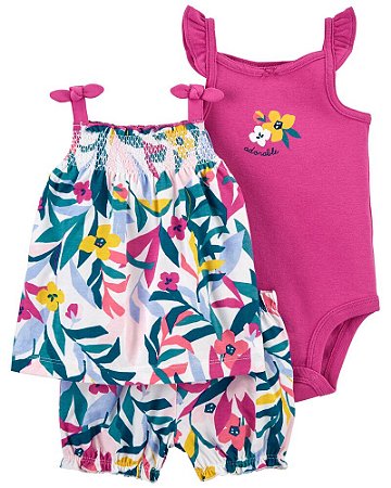 Conjunto 3 peças Batinha e Shorts Floral e Body Roxo