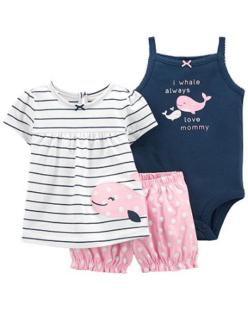 Conjunto 3 peças Batinha Listrada e Body Baleia com Shorts Poá Rosa