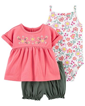 Conjunto 3 peças Batinha Rosa, Body Florido e Shorts Verde