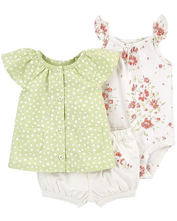 Conjunto 3 peças Batinha Verde Poá, Body Floral e Shorts Sarja Branco