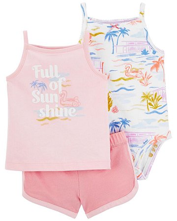 Conjunto 3 peças Regatinha Rosa, Body Coqueiros e Shorts Rosa