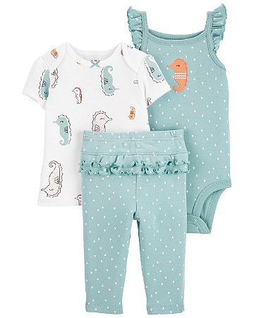 Conjunto 3 peças Camiseta Cavalo-Marinho, Body e Calça Azul de Poá