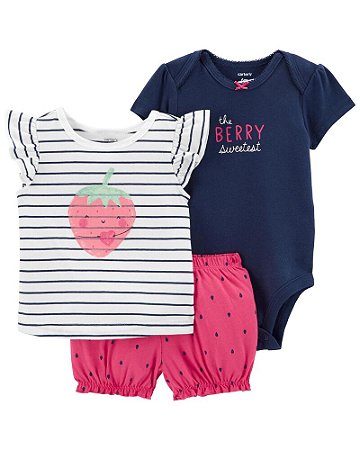 Conjunto 3 peças Batinha Moranguinho, Body Azul e Shorts Rosa