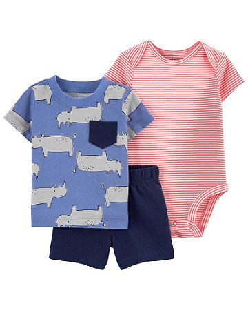Conjunto 3 peças Body, Camiseta e Shorts Rinoceronte