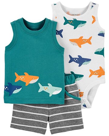 Conjunto 3 peças Body, Camiseta e Shorts Baleias