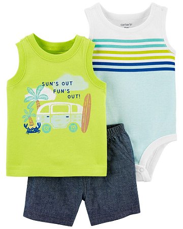 Conjunto 3 peças Body, Camiseta e Shorts Férias