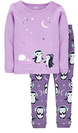 Pijama Manga Longa e Calça Lilás Penguim