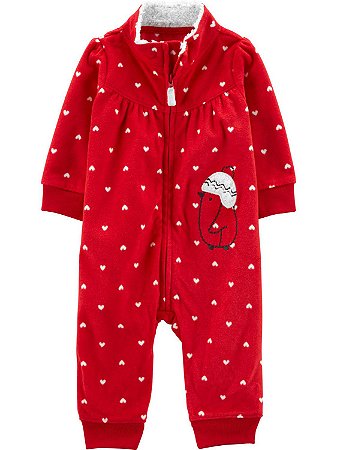 Macacão Fleece Vermelho Penguim de Zíper sem pé