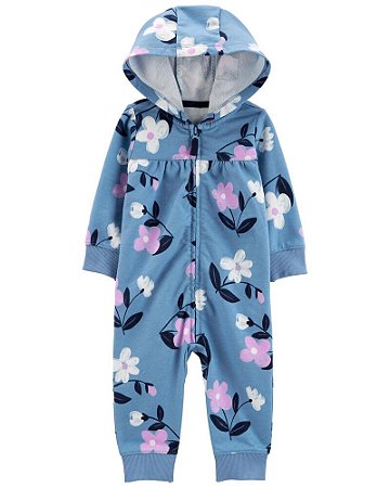 Macacão Azul com Flores de Zíper e Capuz sem pé