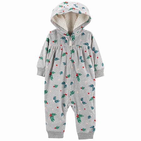 Macacão Fleece Florzinhas com Capuz de Zíper sem Pé