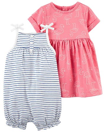 Kit Vestido Rosa Flamingo e Macaquinho Listrado