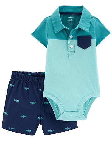 Body Polo Verde e Shorts Tubarão